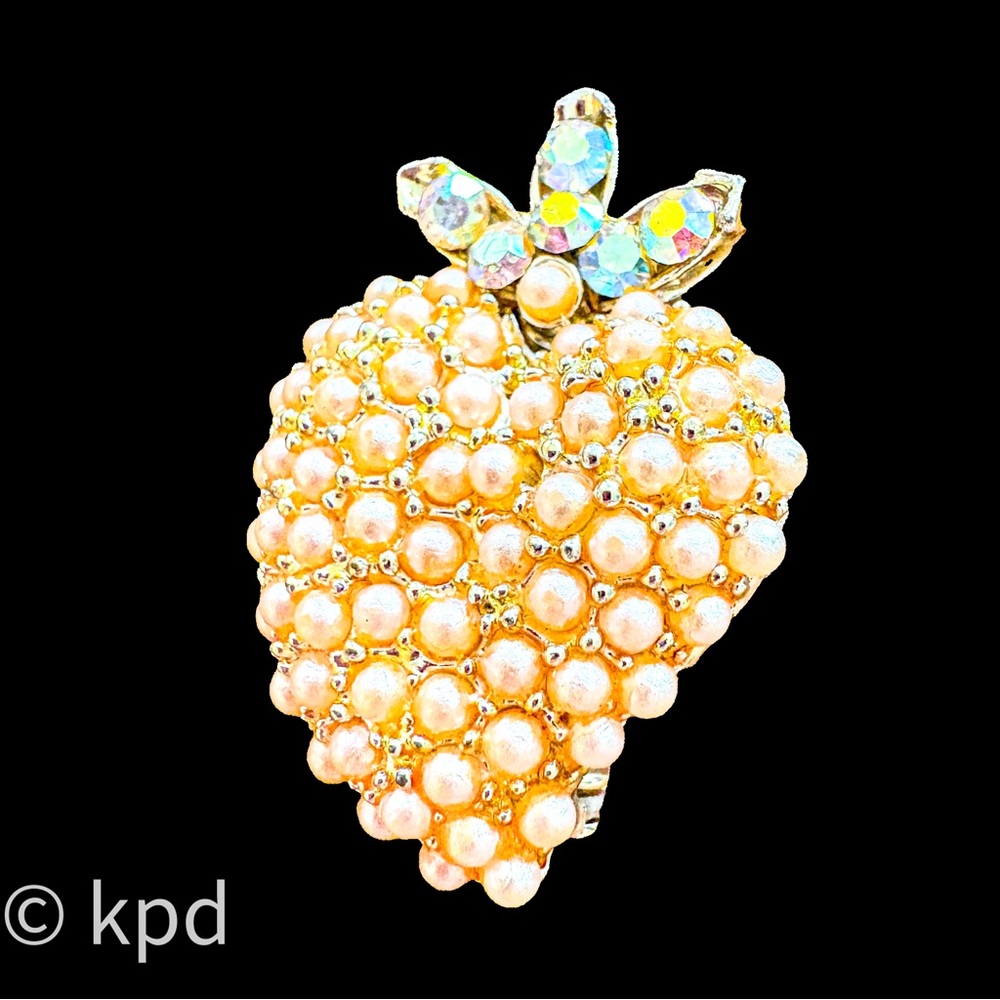 Vintage Strawberry Brooch Faux Pearl AB Rhinestone Gold Tone Pin